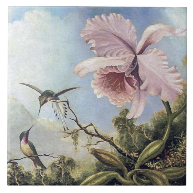Azulejo De Cerâmica Dois beija-flores e uma orquídea (Frente)