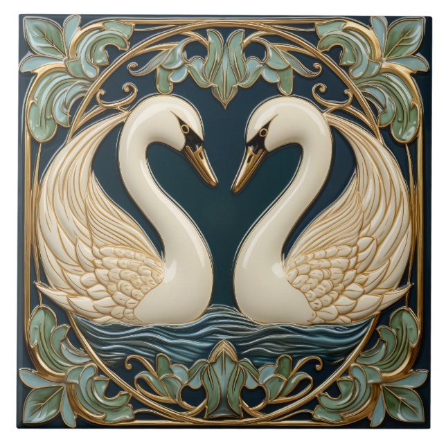 Azulejo De Cerâmica Dois Cisnes No Lago Art Nouveau Inspiraram O Decur (Frente)