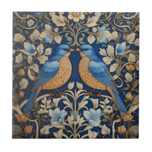Azulejo De Cerâmica Dois Elegantes Pássaros Azuis William Morris Inspi