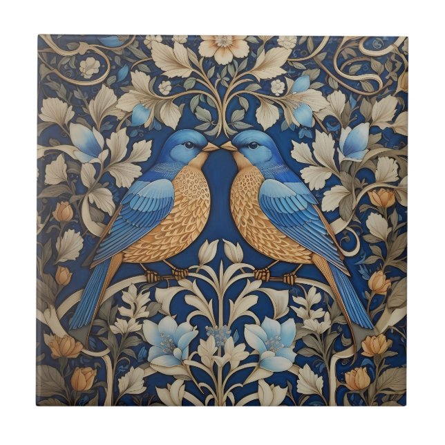 Azulejo De Cerâmica Dois Elegantes Pássaros Azuis William Morris Inspi (Frente)