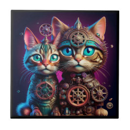 Azulejo De Cerâmica Dois Gatinhos Steampunk Posam