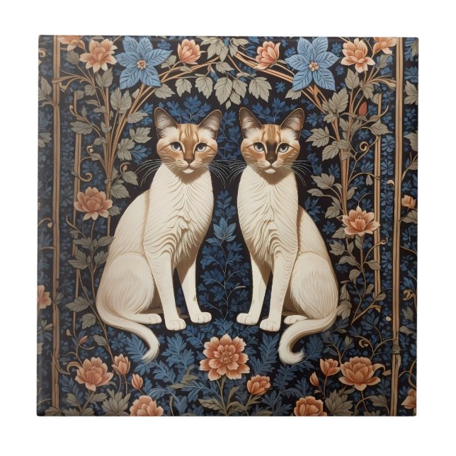 Azulejo De Cerâmica Dois gatos siameses William Morris inspirados (Frente)