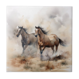 Azulejo De Cerâmica “Dois Mustangs Selvagens” Aquarela Ocidental Empoe