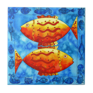 Azulejo De Cerâmica Dois Peixes Dourados Aquarela Vida Marinha Subaquá