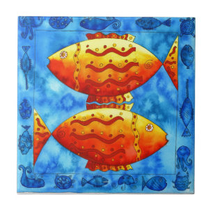 Azulejo De Cerâmica Dois Peixes Dourados Vibrantes