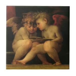 Azulejo De Cerâmica Dois Querubins Lendo por Rosso Fiorentino, Anjos