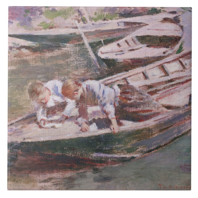 Azulejo De Cerâmica Dois rapazes num barco (por Theodore Robinson) (Frente)
