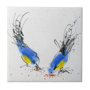Azulejo De Cerâmica Dois titmouses pequenos que pecking a grão.