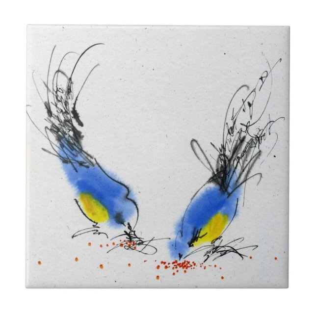 Azulejo De Cerâmica Dois titmouses pequenos que pecking a grão. (Frente)
