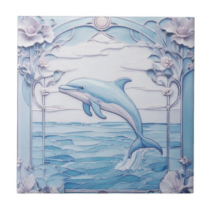 Azulejo De Cerâmica Dolphin Art Nouveau Faux Alivio Azul Claro Esquerd