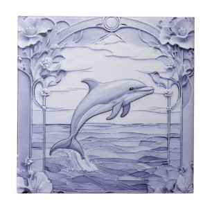 Azulejo De Cerâmica Dolphin Art Nouveau Faux Alivio Azul e Branco Dire
