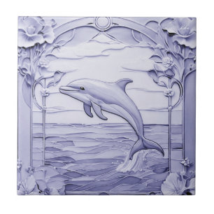 Azulejo De Cerâmica Dolphin Art Nouveau Faux Alivio Azul e Branco Esqu