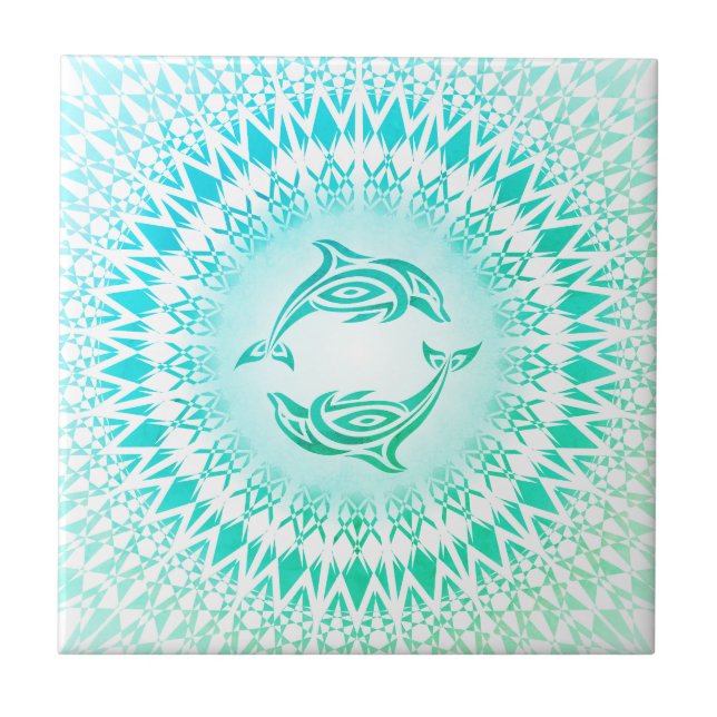 Azulejo De Cerâmica Dolphins Mandala Turquoise White Verde (Frente)