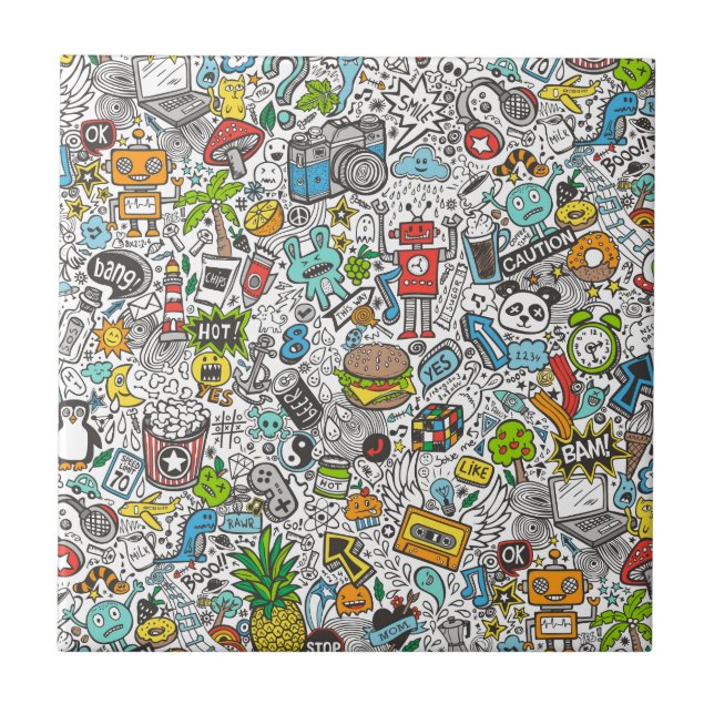 Azulejo De Cerâmica Doodle cómico de Popart (Frente)