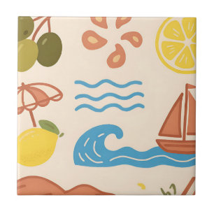 Azulejo De Cerâmica Doodle de Limão de Verão na Praia Vibrações Divert