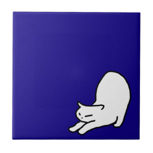 Azulejo De Cerâmica Doodle do gato de Cute&Funny no azul