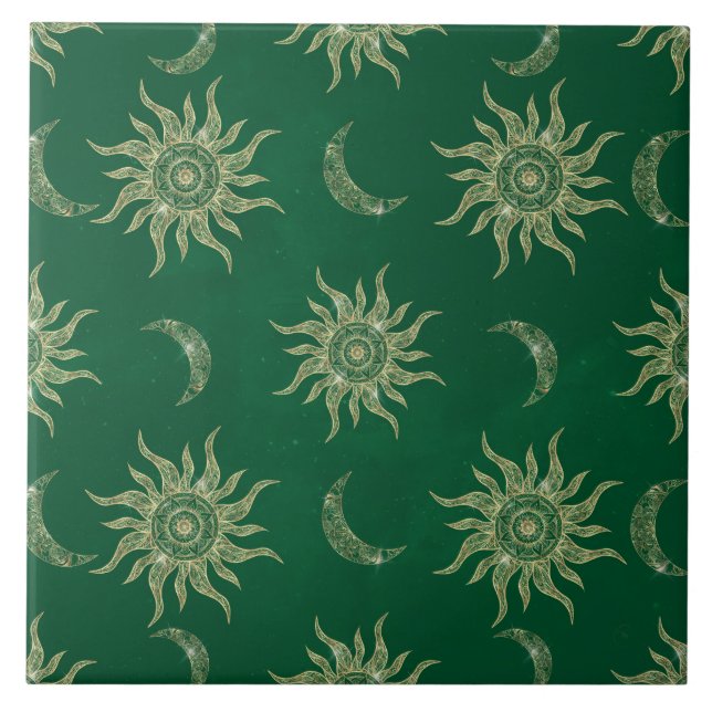 Azulejo De Cerâmica Dourada Lua Sun Mandala Padrão Verde (Frente)