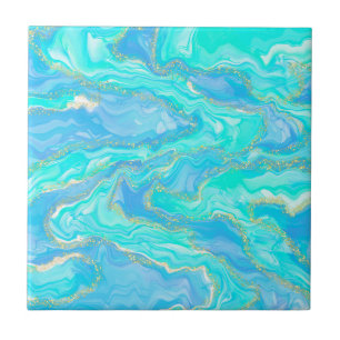 Azulejo De Cerâmica Dourado, Aqua e Abstrato Azul