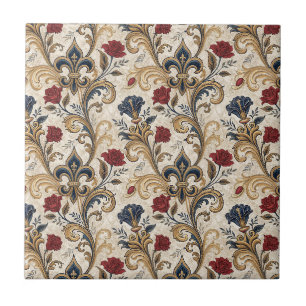 Azulejo De Cerâmica Dourado Barroco Fleur-de-Lis & Rosas Floral Damásc