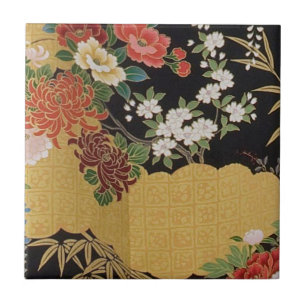 Azulejo De Cerâmica Dourado e negro Oriental Kimono Floral