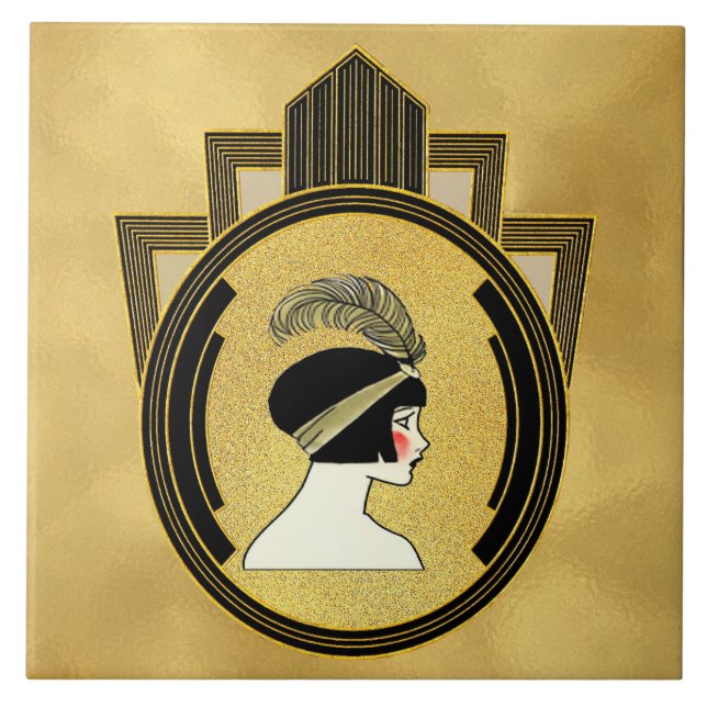 Azulejo De Cerâmica Dourado estilo Art Deco Flapper Azulejo Cerâmica (Frente)