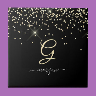 Azulejo De Cerâmica Dourado Glitter & Monograma Nome em Letra de Forma