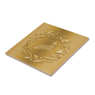 Azulejo De Cerâmica Dourado Reindeer e Wreath Christmas