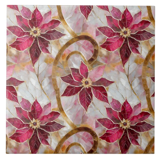 Azulejo De Cerâmica Dourados Swirls Borgonha Rosa Poinsettias de Natal (Frente)