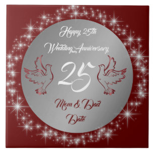 Azulejo De Cerâmica Dove Customize Feliz Prata 25º Aniversário
