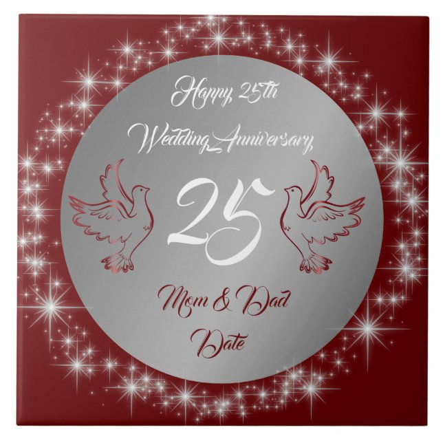 Azulejo De Cerâmica Dove Customize Feliz Prata 25º Aniversário (Frente)