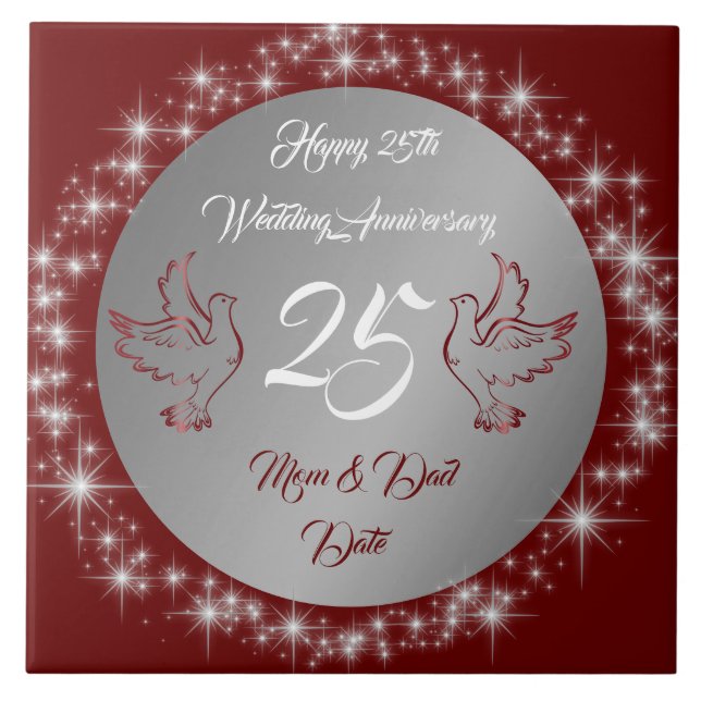 Azulejo De Cerâmica Dove Customize Happy Silver 25th Anniversary (Frente)