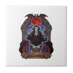 Azulejo De Cerâmica Drácula de Halloween Lua Vermelha Morcegos Caveira