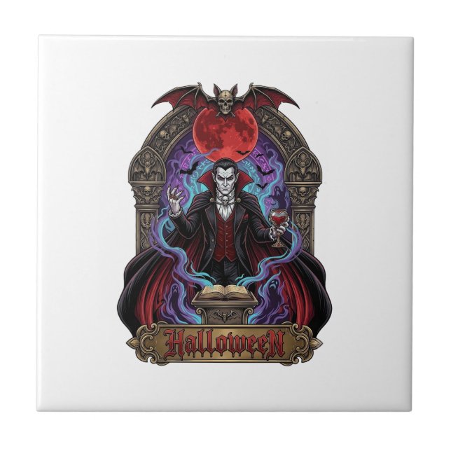 Azulejo De Cerâmica Drácula de Halloween Lua Vermelha Morcegos Caveira (Frente)