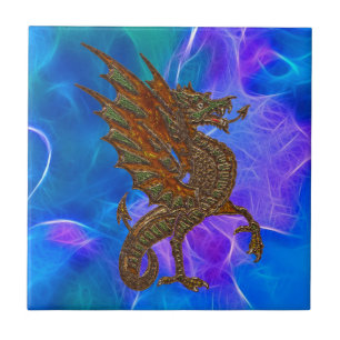 Azulejo De Cerâmica Dragão celta de Galês no ouro em azuis II