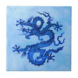 Azulejo De Cerâmica Dragão Chinês, Indigo e Pastel Azul Cerâmica Ti