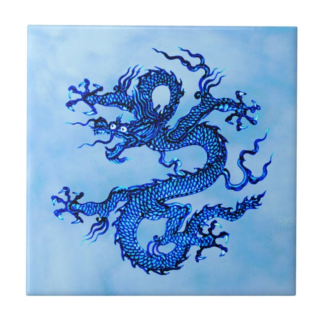Azulejo De Cerâmica Dragão Chinês, Indigo e Pastel Azul Cerâmica Ti (Frente)
