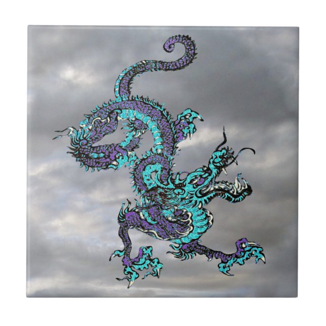 Azulejo De Cerâmica Dragão Chinês Roxo e Azul v16 (Frente)