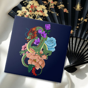 Azulejo De Cerâmica Dragão Chinês Verde Místico Floral Azul Marinho
