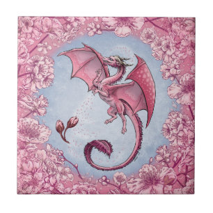 Azulejo De Cerâmica Dragão cor-de-rosa da arte da fantasia da naturez