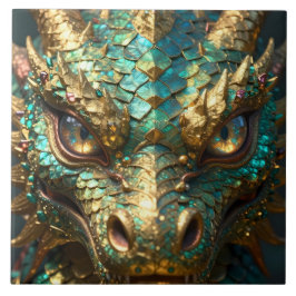 Azulejo De Cerâmica Dragão de Turquesa e Ouro