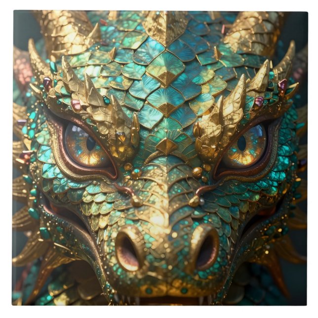 Azulejo De Cerâmica Dragão de Turquesa e Ouro (Frente)