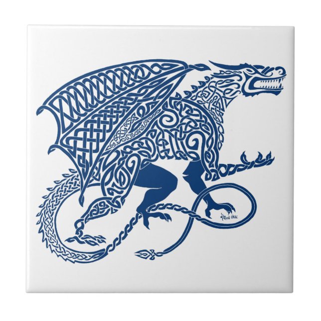 Azulejo De Cerâmica Dragão do azul de Knotwork (Frente)