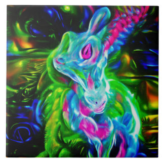 Azulejo De Cerâmica Dragão do Coelho Psicodélico em Neon Fantasy