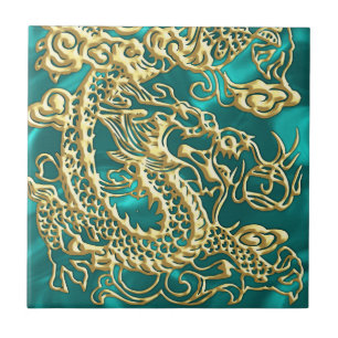 Azulejo De Cerâmica Dragão Dourado em relevo na Turquesa Satin Impress