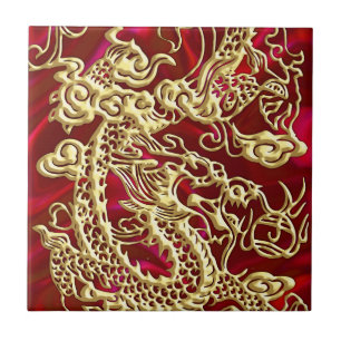 Azulejo De Cerâmica Dragão Dourado embutido no Red Satin Impressão
