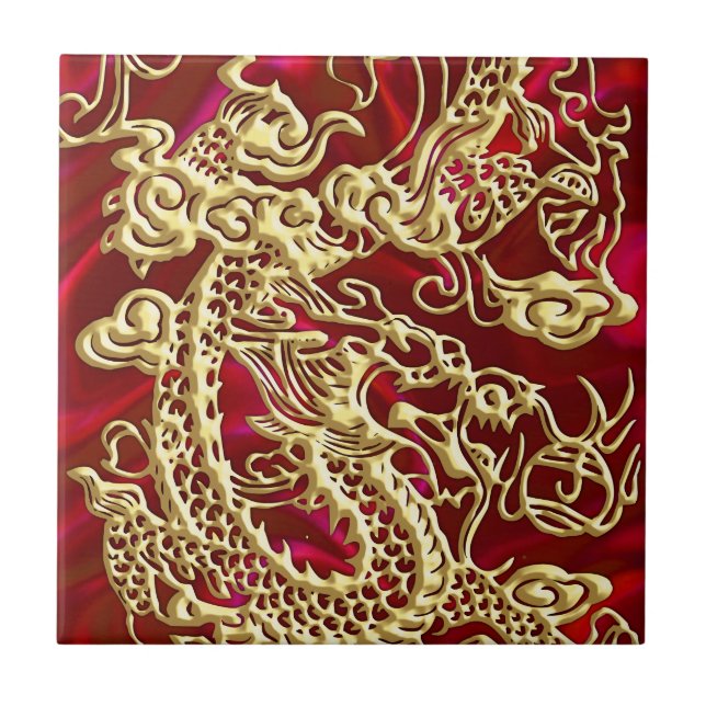 Azulejo De Cerâmica Dragão Dourado embutido no Red Satin Impressão (Frente)
