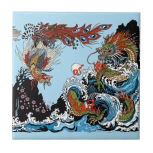 Azulejo De Cerâmica Dragão e Feng Huang. Ilustração de Insima
