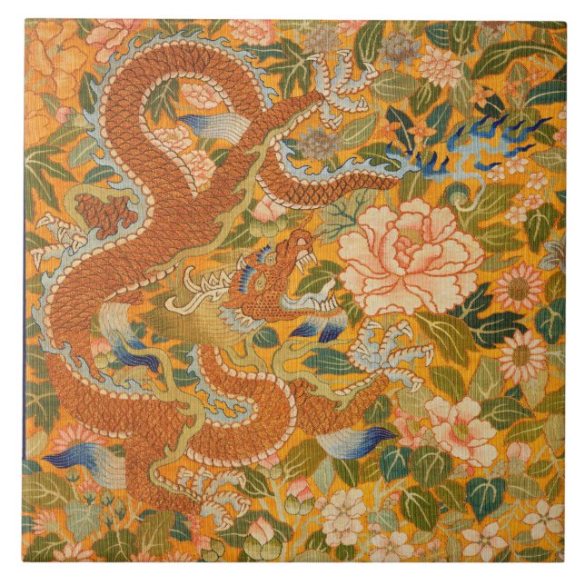 Azulejo De Cerâmica DRAGÃO ENTRE PEONIAS, FLORES, FOLHAS VERDES Floral (Frente)