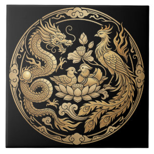 Azulejo De Cerâmica Dragão, Fênix & Patos em Dourado sobre Preto