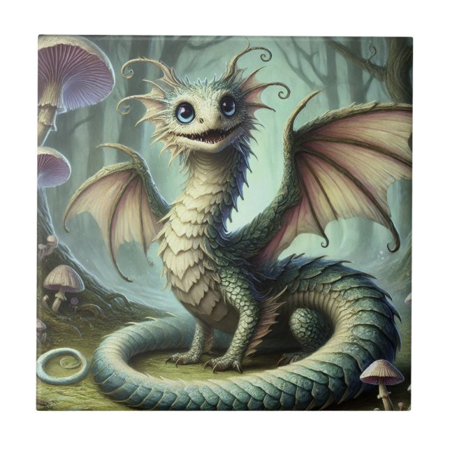 Azulejo De Cerâmica Dragão Jabberwocky - Criatura da Fantasia Cuta (Frente)
